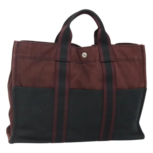 HERMES Fourre Tout MM Hand Bag Canvas Bordeaux Black - Picture 1 of 16